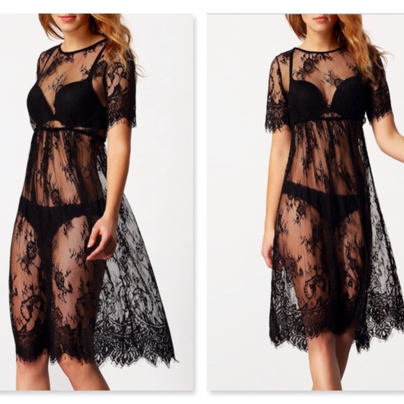 New! Black Lace Beach Cover Up Dress Boho - Picture 2 of 8
